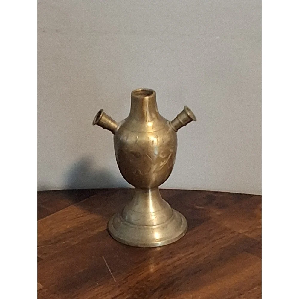 Vintage Etched Brass India Gurglet Water Vessel Bud Vase 3 Spout Decor